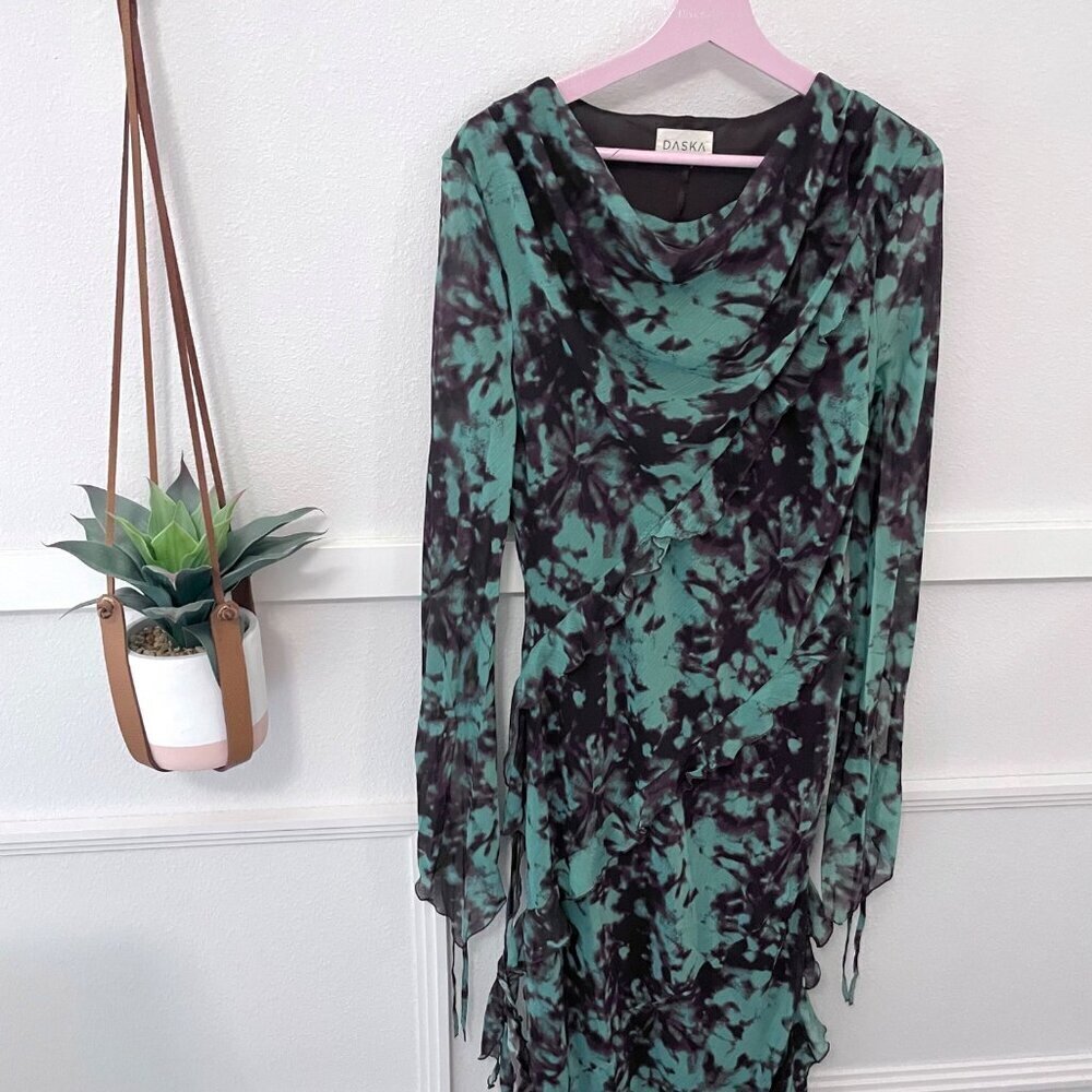 Daska Tiered Chiffon Dress in Green Print Long Sleeve Size UK L Dark Romantic - Picture 2 of 10
